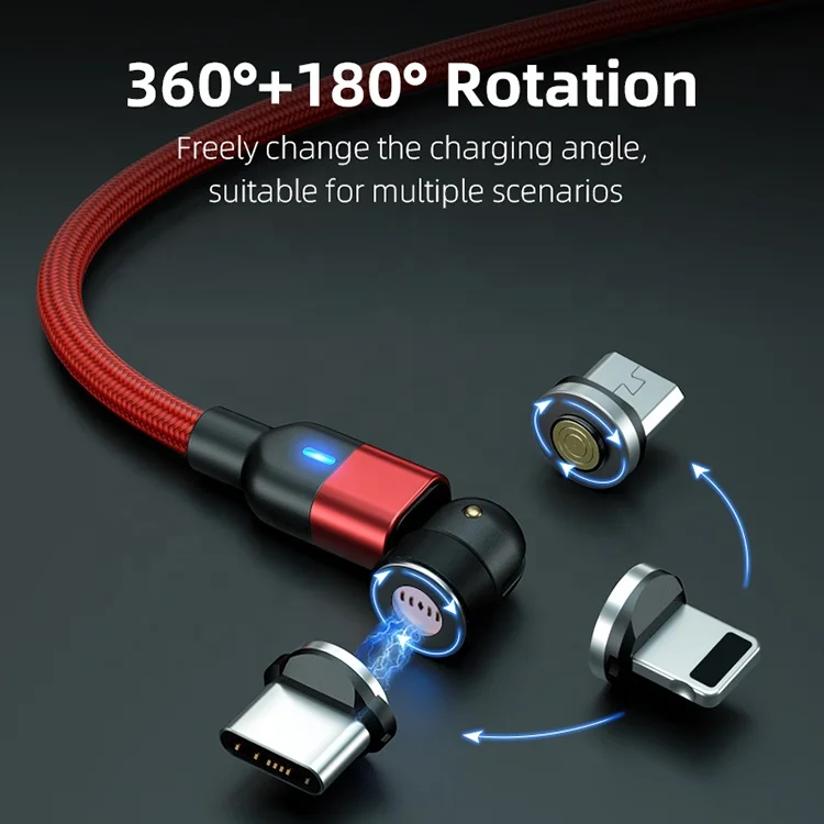 
Dropshipping Magnetic Charging Cable 3 in 1 540 Rotation Nylon Braided Cellphone Magnet Charger Data Cable 