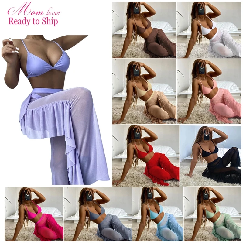 2022 wholesale women beach wear swimwear 3pcs bikini set tube  top mesh transparent pants sexy women swimsuit