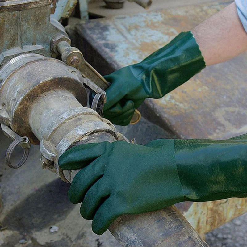 Rubber PVC Coated Hand Gloves Green, Large,Rough Sandy Surface Work Safety Gloves with Gauntlet Cuff, Soft Jersey Lining