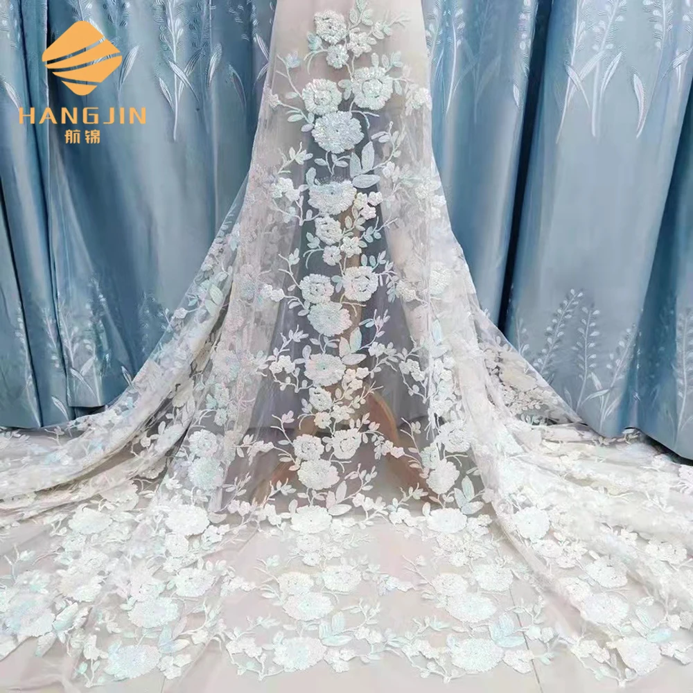 Wholesale sequin lace fabric Floral embroidered tulle fabric beaded wedding African lace sequin tulle fabric