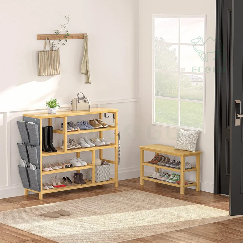 Bamboo Shoe Storage Rack Organizer With Stainless Steel Shelf For Entryway Closet Door Entrance Bedroom Supports 330 lbs
