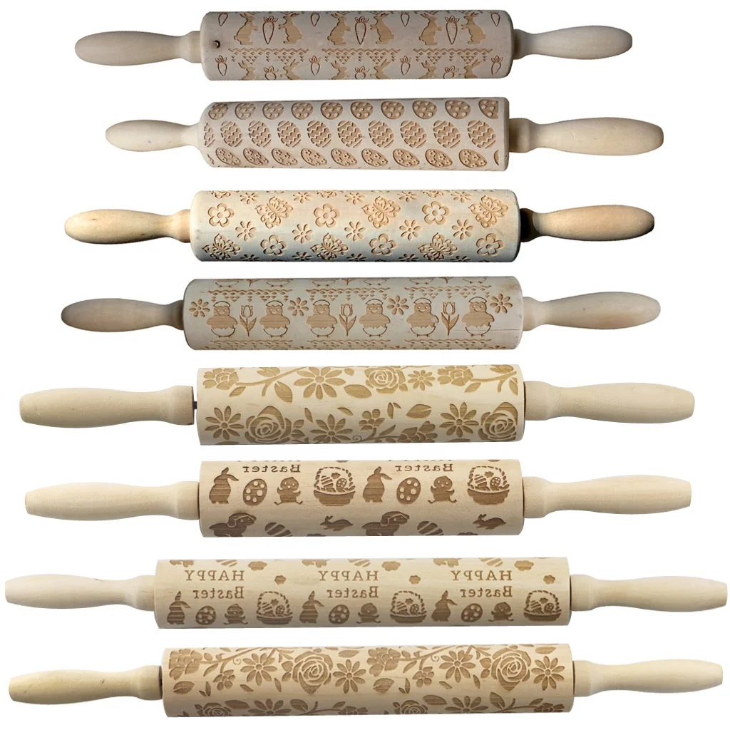 Cowinner Paisley Embossed Wooden Rolling Pin Engraved Embossing Rolling Pin With Easter Bunny Rabbit Pattern For Baking Cookies