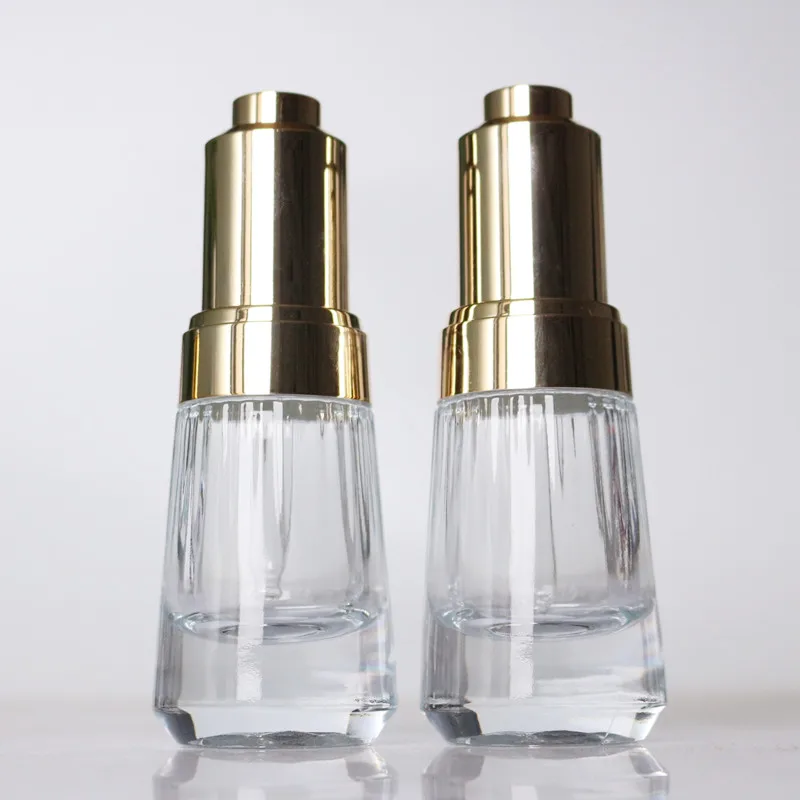 Luxury custom 30 ml sliver golden flat shoulder dropper glass bottle/30 ml glass oil pump bottle