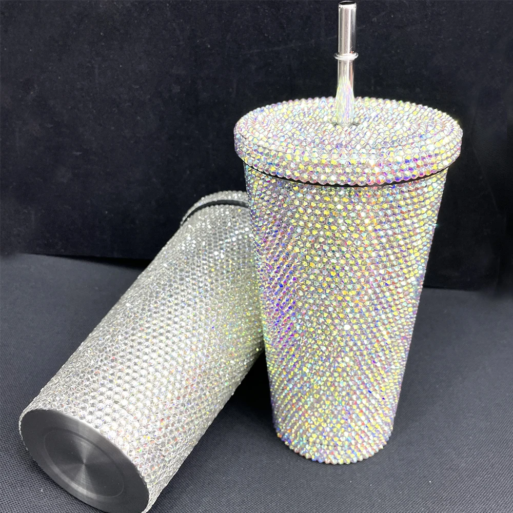 B200 high quality diamond Double Layer Stainless Steel tumbler bottle rhinestone vacuum flask with straw