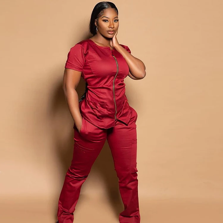 Oem Hospital Uniform Zip Reusable Stretchy Anti-bacterial Beautician Scrubs Uniforms Nurse Uniform Medical Scrubs