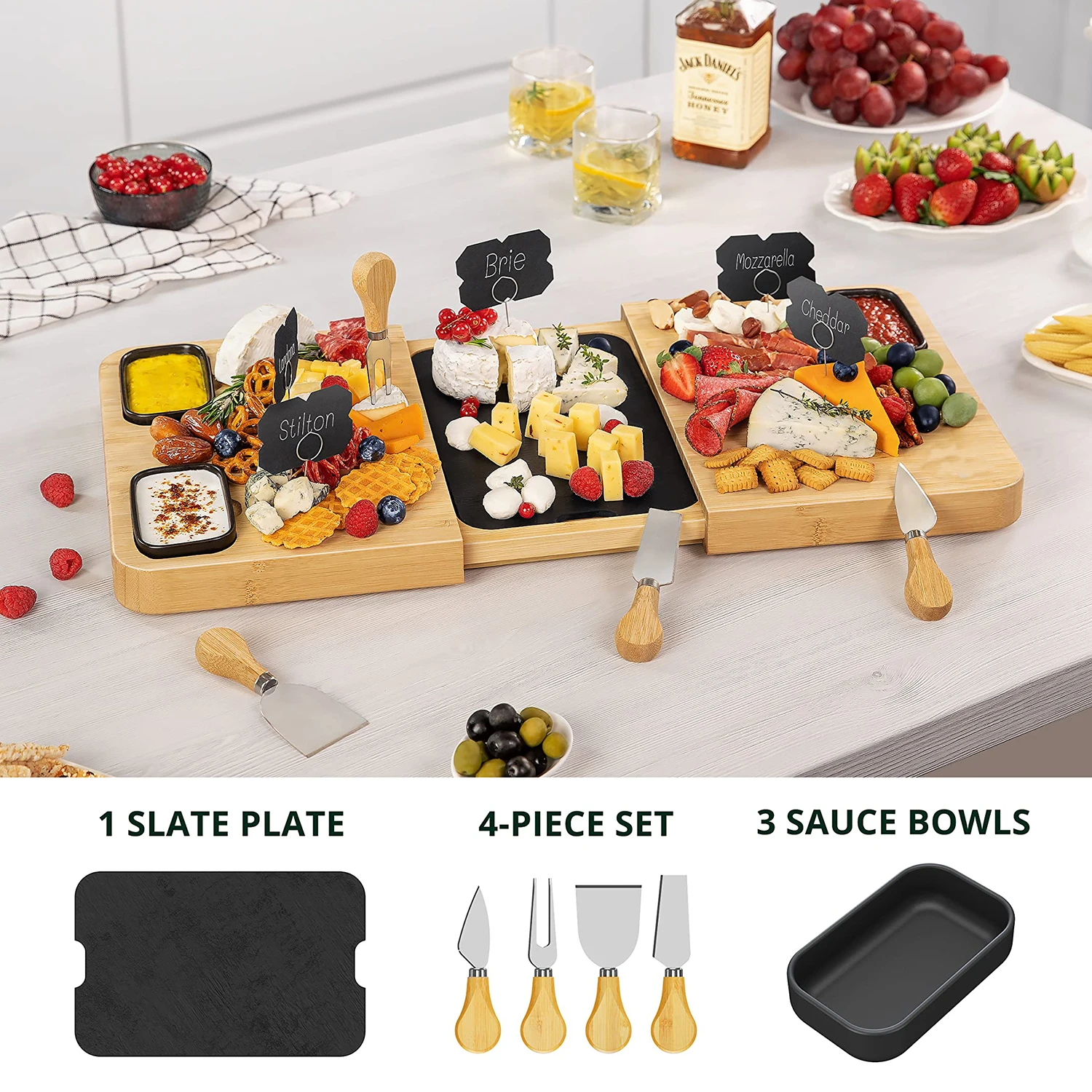 Hot Selling Bamboo Charcuterie Boards Set with 3 Sauce Bowls and 4 Knives and Slate Plate Unique Cheese Board Serving Tray