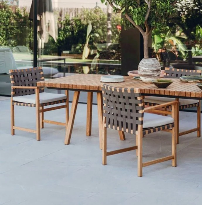 Pastoral Style Patio Outdoor Wood Table and Chair set Garden Furniture Rattan Chairs Teak Dining Table