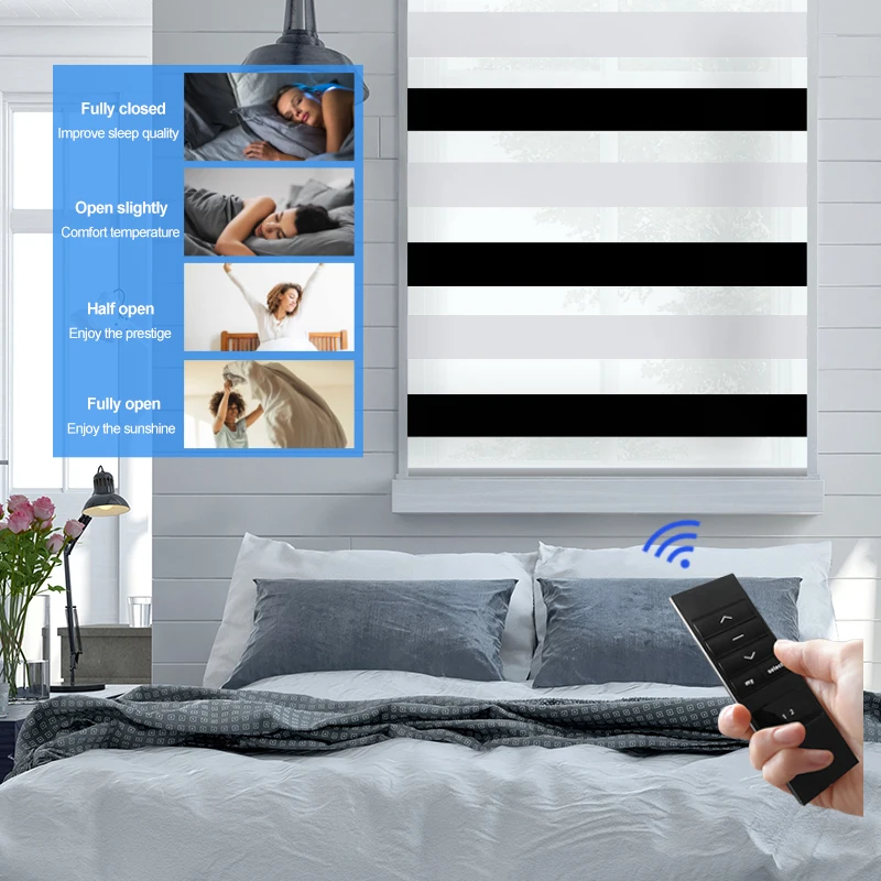 Motorized electric smart home smart kit zebra blinds with remote 100 l x 82 w  solar