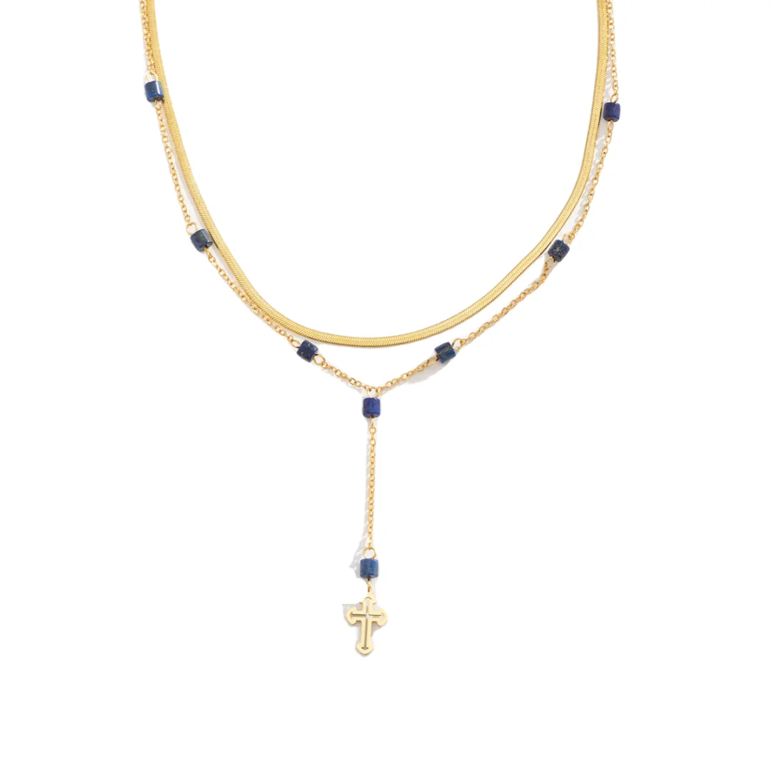 Lapis Cross Necklace 18K Gold Plated Stainless Steel Dripping Oil Double Layered Chain Choker Non Tarnish Waterproof