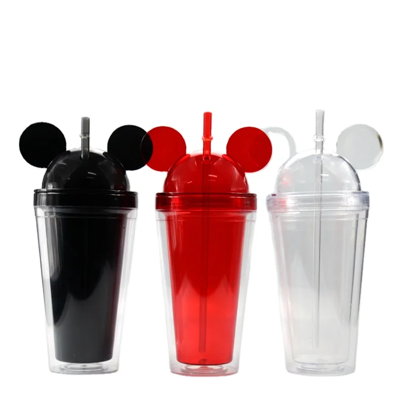Homefish OEM Bicchiere Tazza Tazas Kawaii Bottle 16oz PS Acrylic Mouse Ear Cups Skinny Acrylic Mickey  Clear Tumbler With Straw