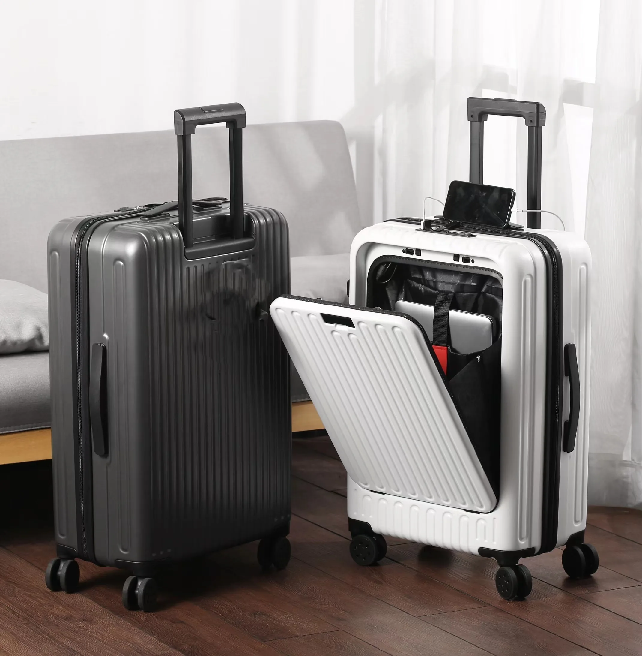 Wholesale Custom Front Open ABS PC Luggage with Laptop Cup Holder USB Charging Port Travel Suitcase Spinner Trolley for Luggage