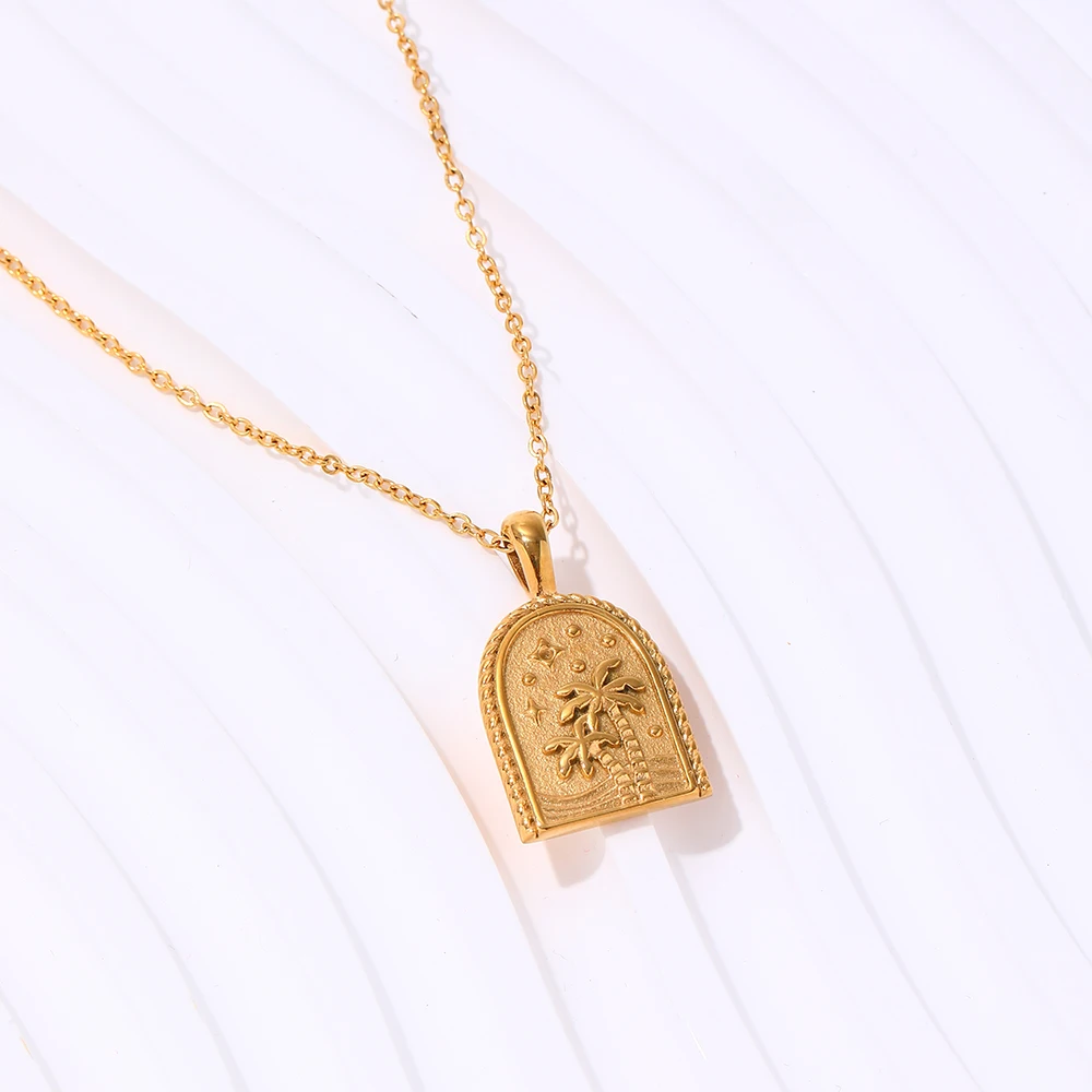 Fenny 18K Gold Plated Wholesale Waterproof U-shaped Coconut Palm Tree Pendant Snake Chain Stainless Steel Necklace for Women