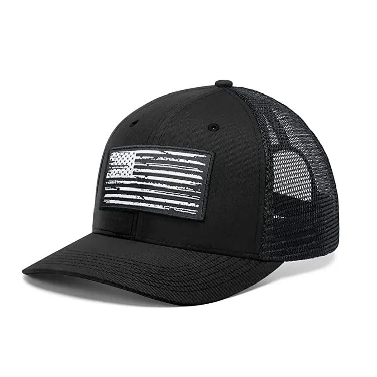 2022 Wholesale Custom 6 Panel USA Flag Trucker Cap Woven Patch Trucker Hat Twill Mesh Snap Back Hats Caps