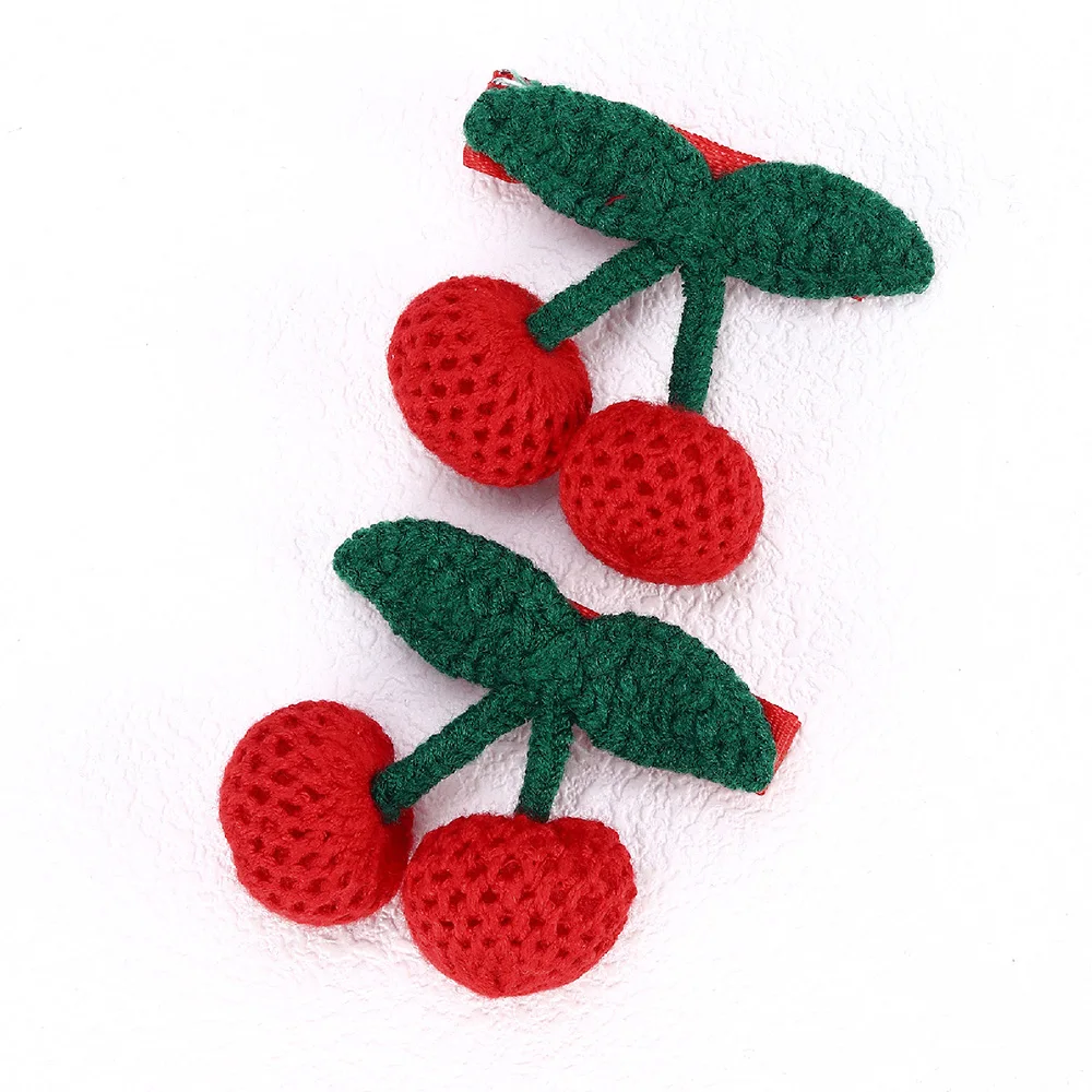 CN 2Pcs Cute Red Cherry Hair Bow Clip Handmade Knitted Crocheted Hair Clip for Kids Girls Fruit Accessories