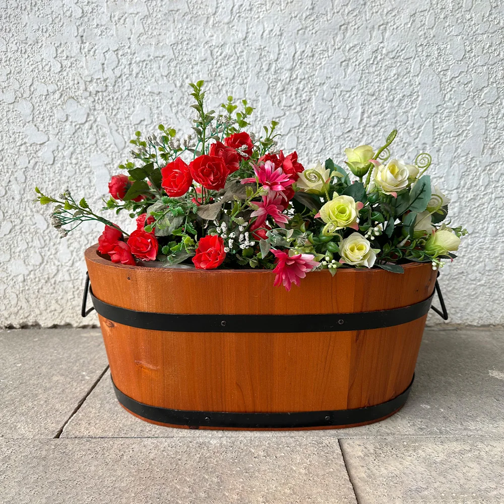 Hot sale products seed flowerpot creative balcony bonsai wooden cask flowerpot with plant