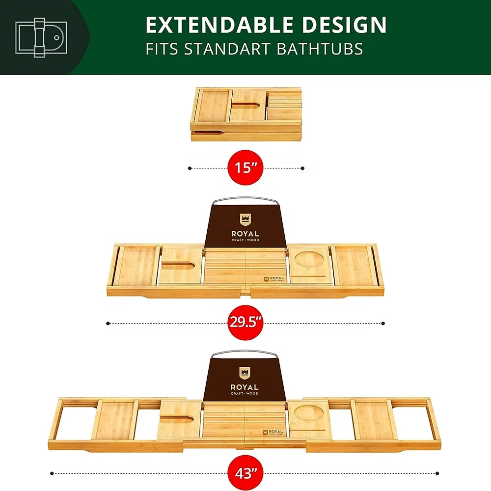Bamboo Bath Caddy Tray Foldable Bathtub Tray Table with Extending Sides for Bathroom Toilet Shower Home Use