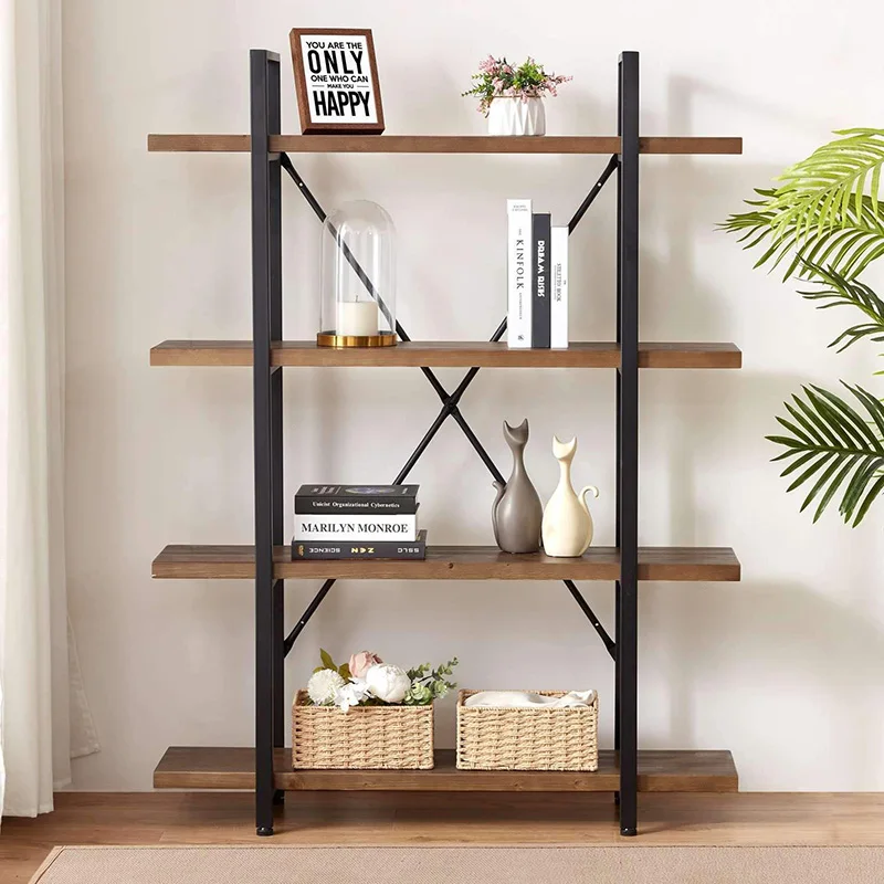 
ISTUDY Antique Sturdy Real Natural Wood Storage Book Shelf Solid Wood Bookshelf 4 Tier Tall Open Metal Bookcase 