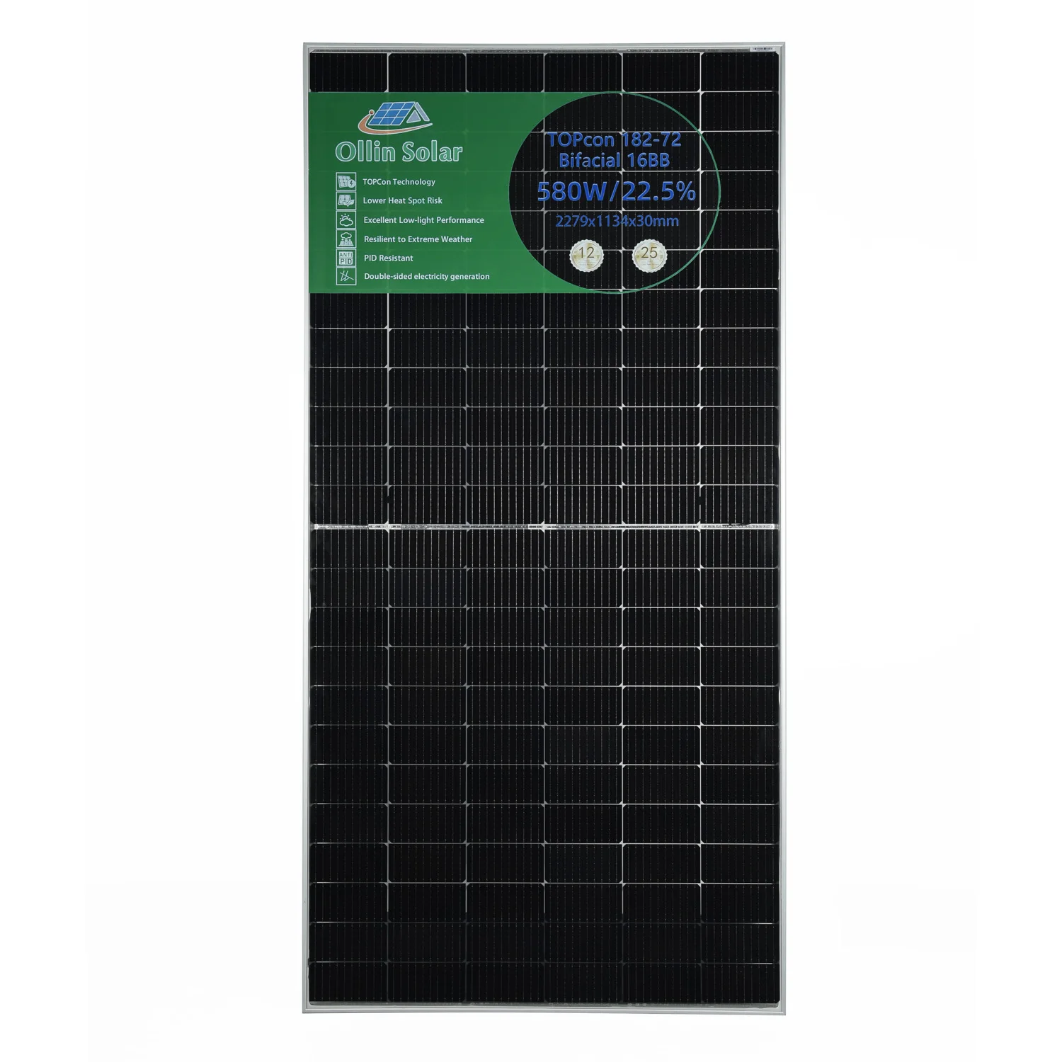 RETIE Certified Topcon 565W 570W 575W 580W Black Bifacial Solar Panels With Dual Glass TUV High Power Solar Panels