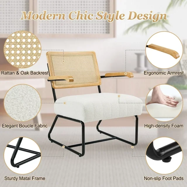 Living Room Bedroom Upholstered Sherpa Boucle Fabric Accent Chair with Rattan Backrest Solid Wood Armrest