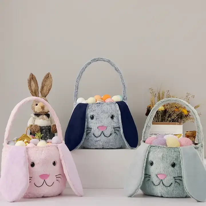 Hot Selling Custom Easter Decoration Baskets Fake Fur Easter Egg Long Plush Easter Bunny Baskets