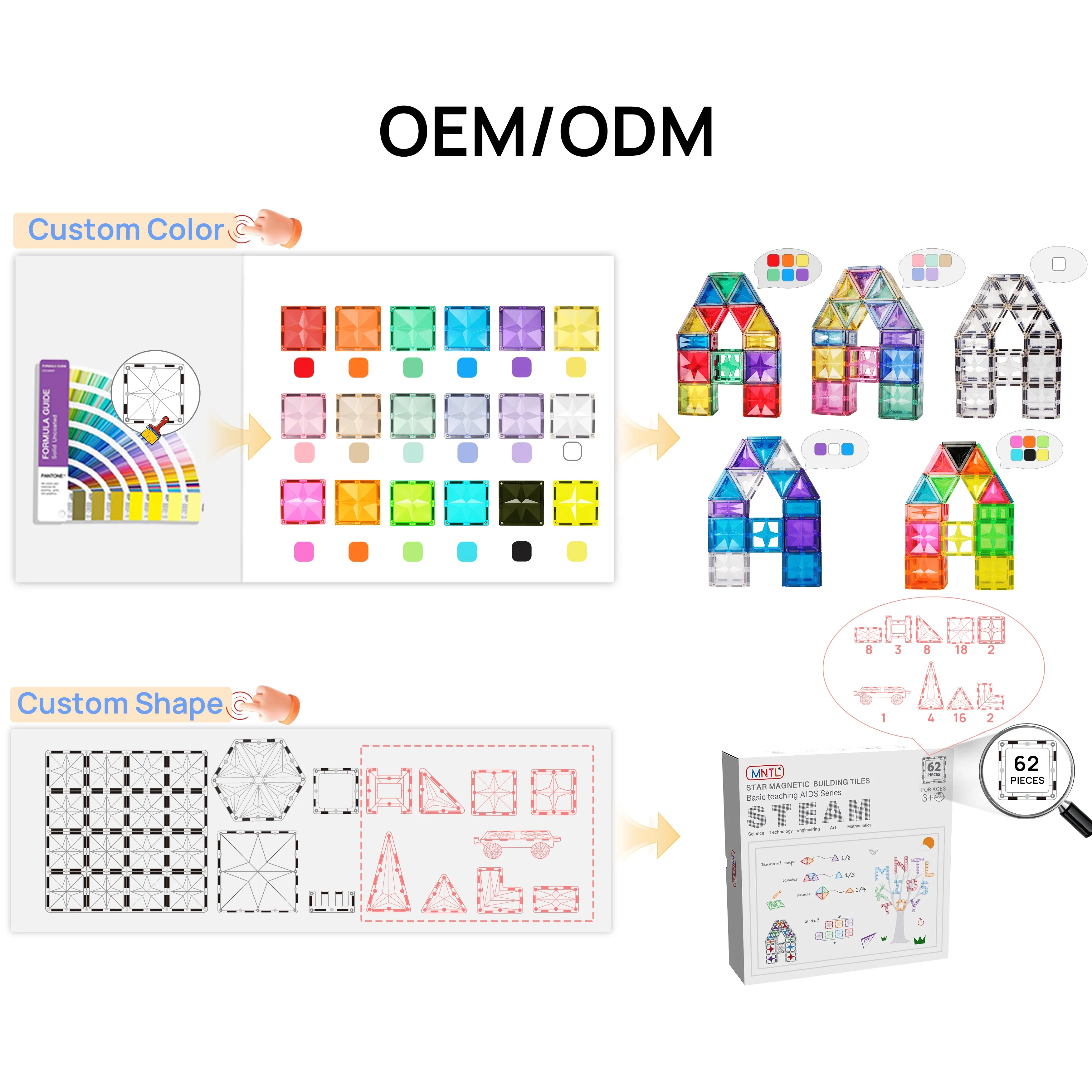 MNTL 62pcs DIY magnetic construction blocks montessori toys kids STEAM Educational magnetic building tiles for kids