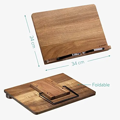 Wooden Book Stand  Hands-Free Reading Recipe Cookbook Tablet Holder  with 2 Adjustable Metal Page Holders with Grips