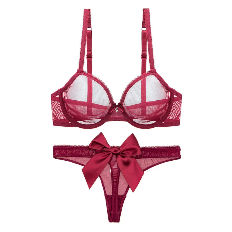 Ultra-thin Cup Mesh Lace Underwear Transparent Unlined Plus Size Bra Set Bow or Bunny Thong Panties Lingerie Wedding Underwear