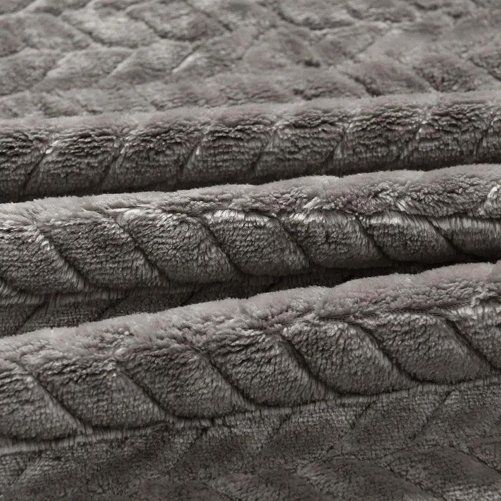 Flannel Fleece Luxury Throw Jacquard Weave Blanket, Charcoal Grey Travel/Throw Size Leaf Pattern Cozy Couch/Bed Super Soft