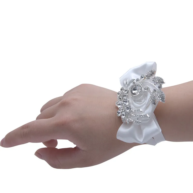 Wedding Prom Wrist Flower Artificial Rose Silk Ribbon Bracelet Bride Bridesmaid Boutonniere Groomsmen Wedding Corsage