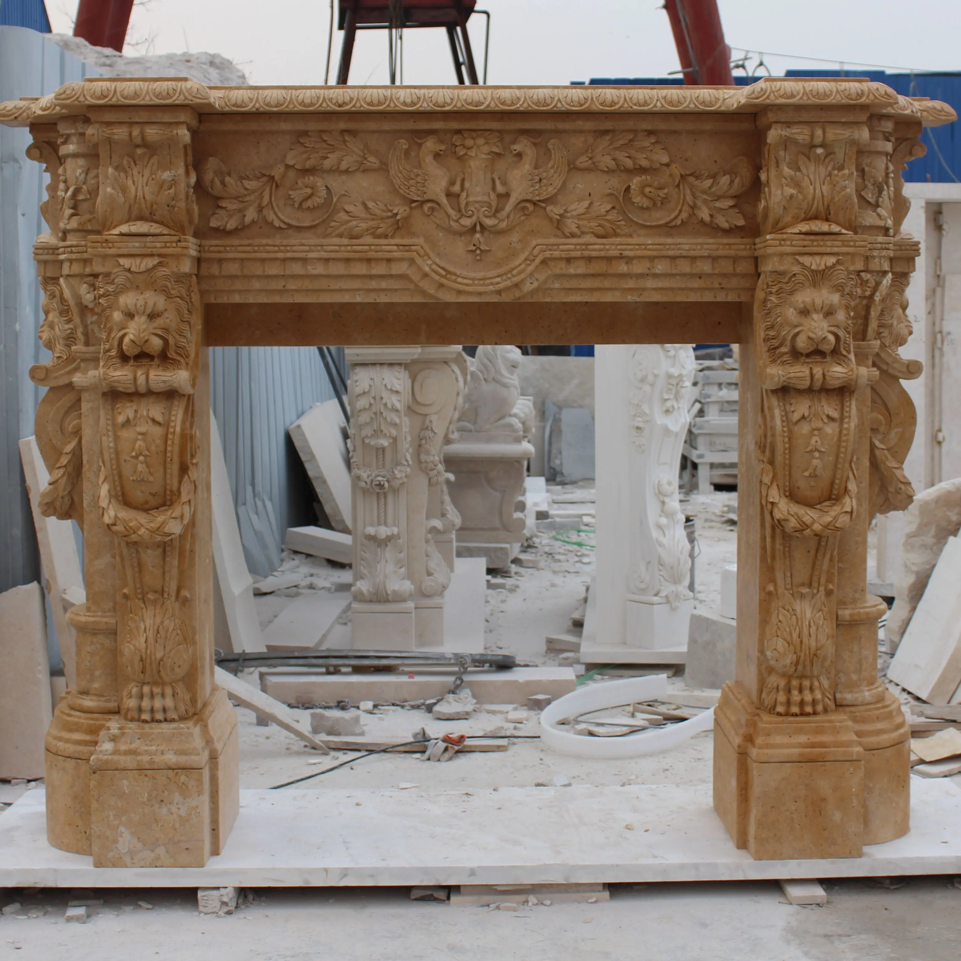 Factory handmade custom simple style yellow lion exquisite marble fireplace interior decoration antique marble fireplace