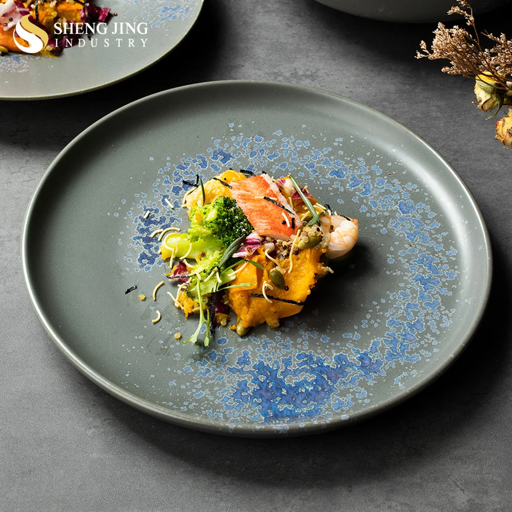 Shengjing Vintage Kiln Grey Speckled Ceramic Plate Set Dinnerware Restaurant Hotel Custom Irregular Crockery Porcelain Tableware
