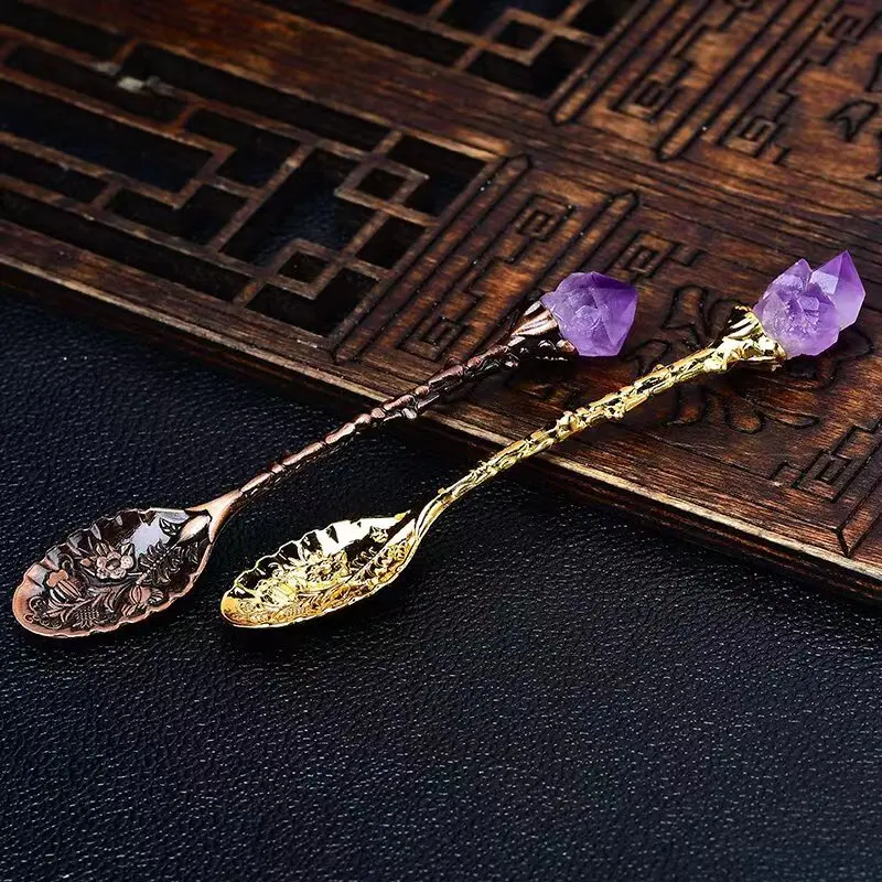 Natural best selling Amethyst Cluster Stirring Energy mineral Crystal Teaspoon Coffee Spoon for gift Kitchen Supplies decoration