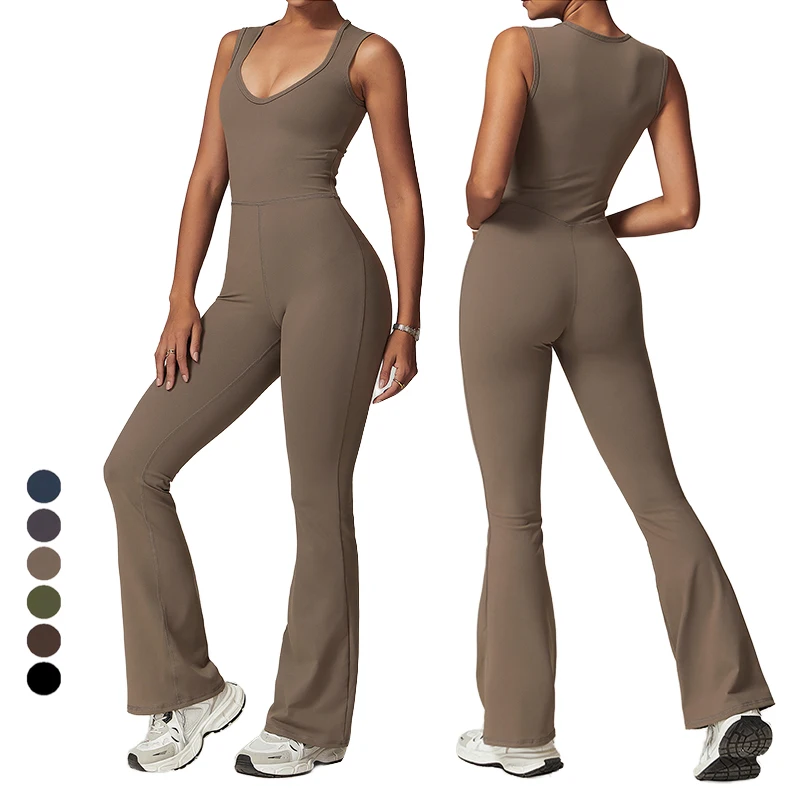 New Womens One Pieces Gym Sets Activewear Tight Sports Yoga Jumpsuit Casual Flared Pants Fitness Wear Stretch Workout Bodysuits