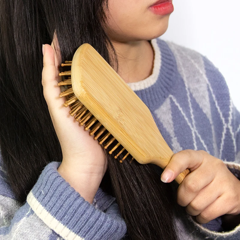 Customized LOGO Natural Bamboo Wood Hair Comb Styling Curly Paddle Bamboo Hair Brush for Home Use Common Comb Set