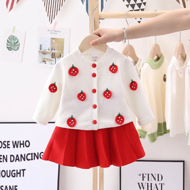 New Strawberry Grape Accessory Knitted Cute Girls Crochet Cardigan Sweater Warm Pleated Skirts 2 Piece Outfits