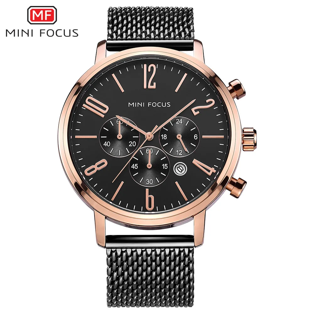 
Mini focus 0183 mesh strap western wrist watches quartz analog water resistant stainless steel chain black color wrist watches 