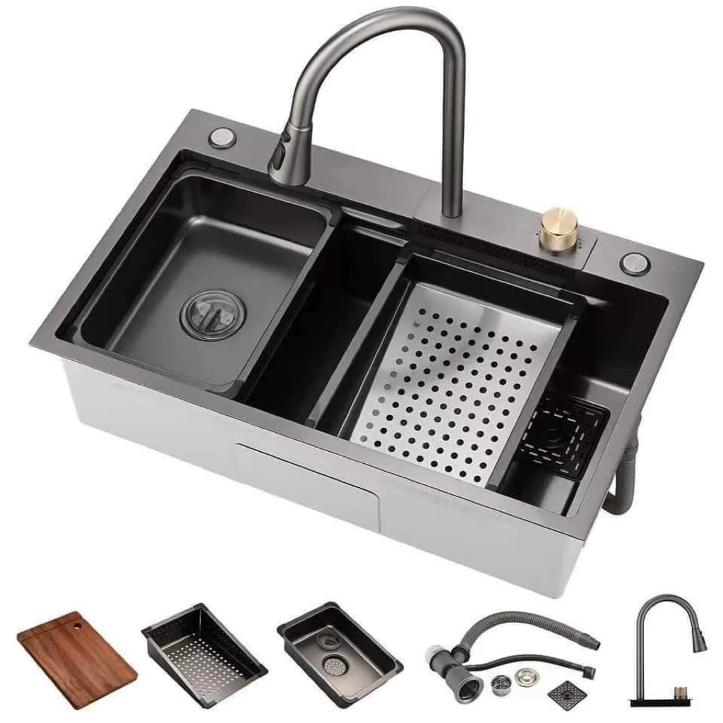 Black Embossed Flying Rain Design Matching Drain Basket Cutting Board Family Multifunctional Kitchen Sink