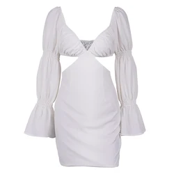 Fashion sexy cut out dresses manufacturer summer new arrival v-neck backless women hollow out puff sleeve dresses