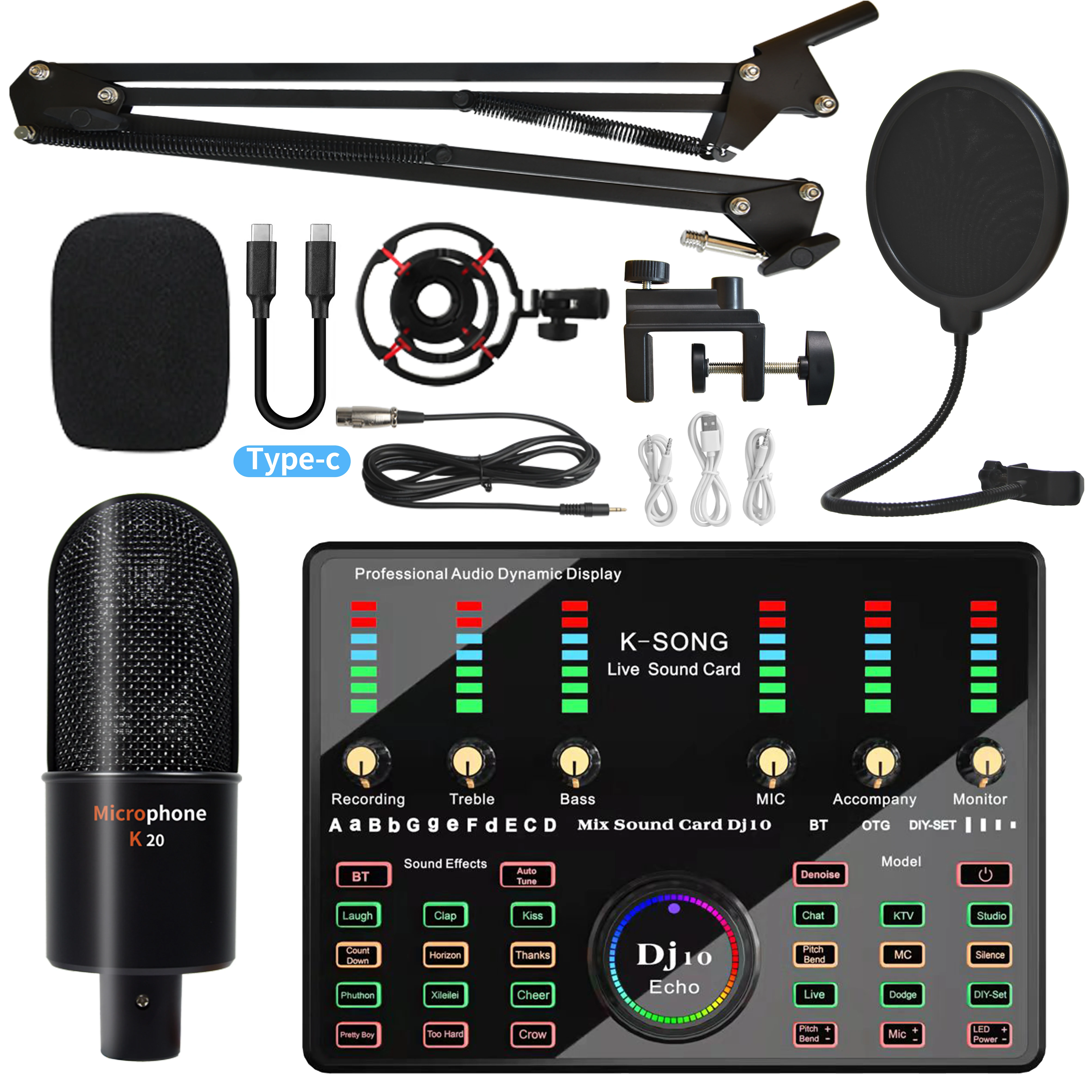 Karaoke Equipment Sound Card Mixer Set Voice Changer with Condenser Microphone Interface Audio Studio External Sound Card