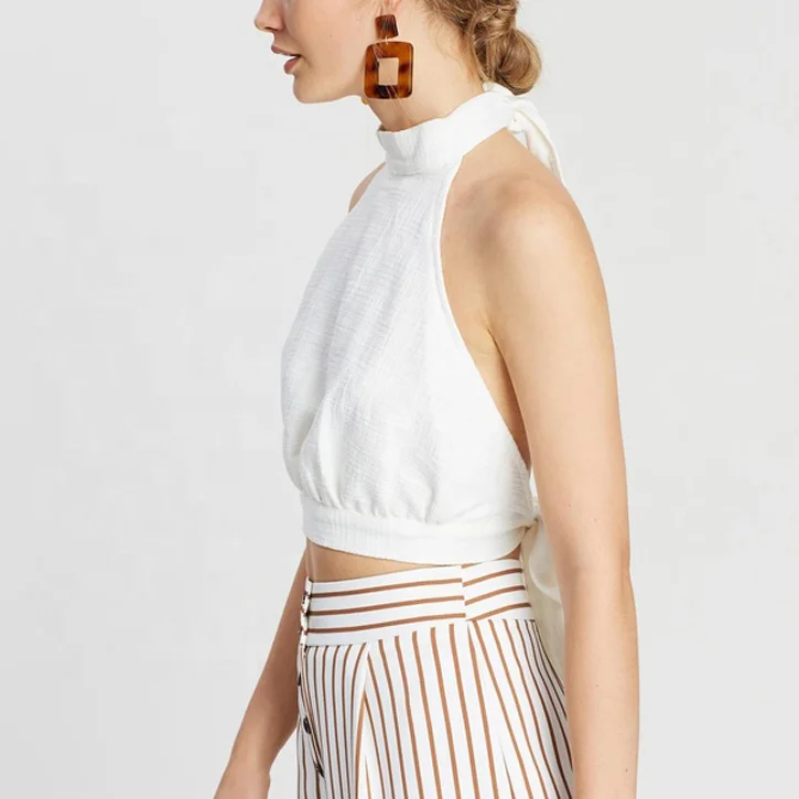 
OEM pure cotton sexy blouse sleeveless and backless halter neck top 