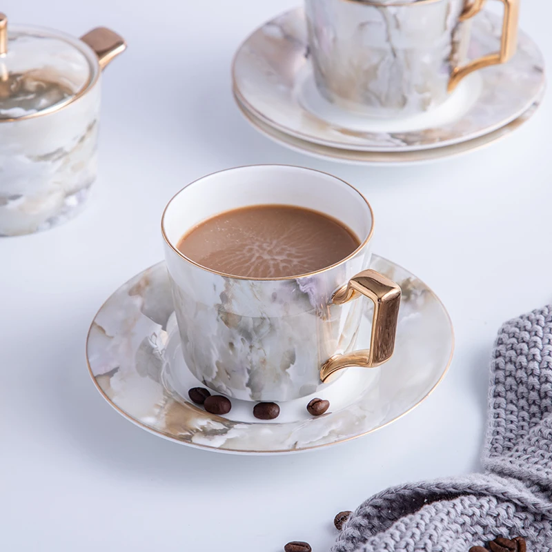 PITO Elegant Teacup and Saucer Sets Luxury Marble Design Bone China 220CC Ceramic Coffee Cup