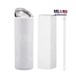 Free shipping USA warehouse RTS 20 oz white straight skinny blanks sublimation tumblers 20oz with plastic straw and rubber