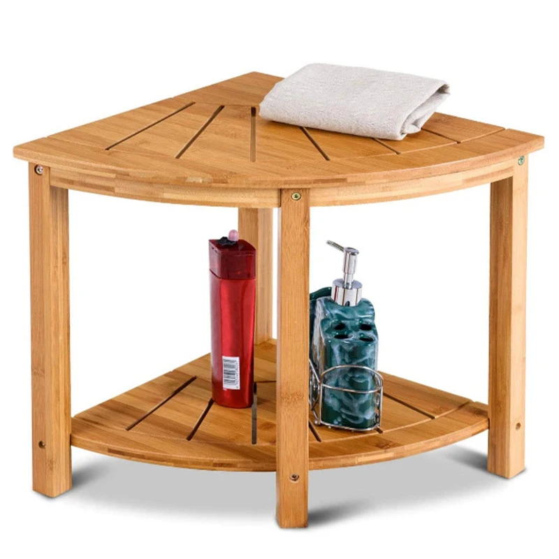 2-Tier Wood Storage & Seat Solid Bamboo Bench Corner Shower Bath Spa Stool