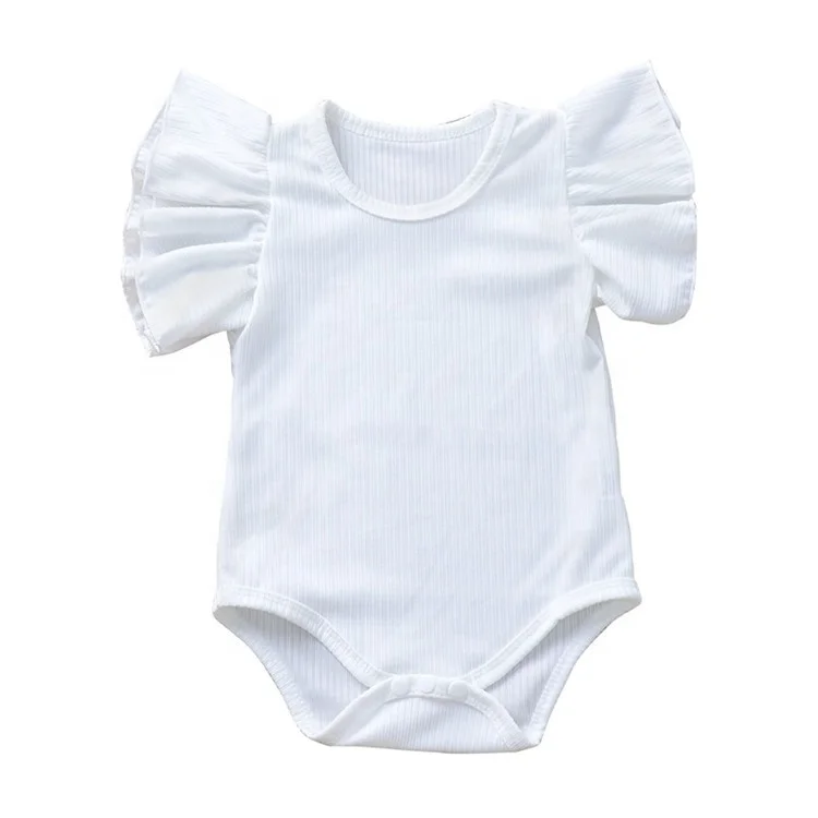 Summer Wholesale Cheap Ribbed Cotton Baby Clothes Best Selling Infant Romper Bodysuit for Baby Girls with Ruffle Sleeves