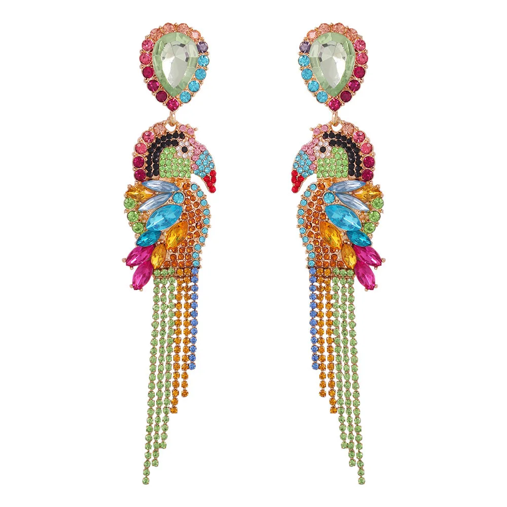 Fashion New Arrival Statement Design Luxury Rainbow Color Zircon Animal Parrot Shaped Tassel Pendant Earrings For Girls Women