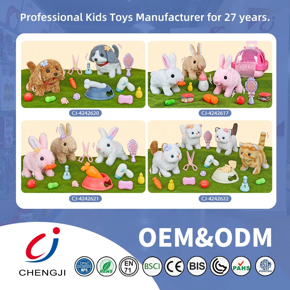 Chengji newest design electric pets rabbit plush toy simulated walking feeding pet care play vet set for kids