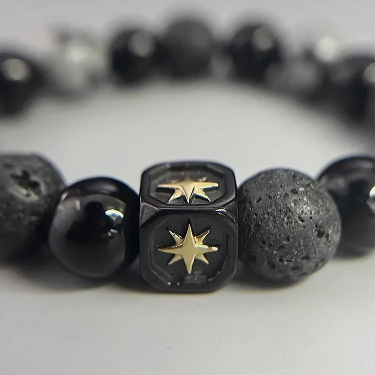 Fashion Natural 10MM Black Lava Stone Alabaster Single Layer Beads Star Charm Beaded Bracelets For Men