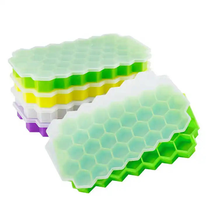 Easy to Release 37 Grids Honeycomb Shape Silicone Ice Cube Tray With Lid For Coffee Whiskey Cold Drink