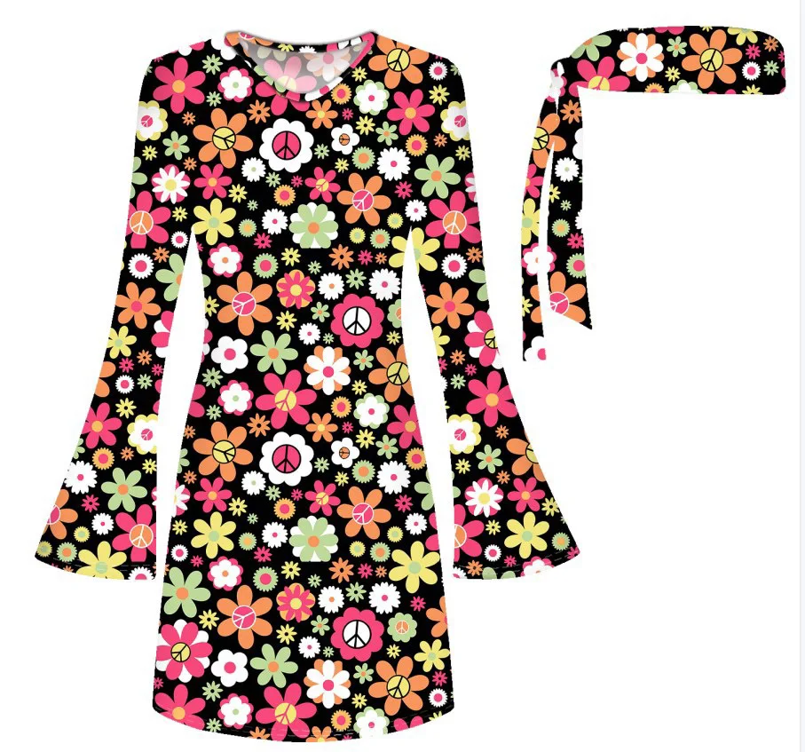 Women 70s Floral Disco Dress Costume Hippie Clothes Accessories Halloween Dance Costumes For Women Dress With Headband
