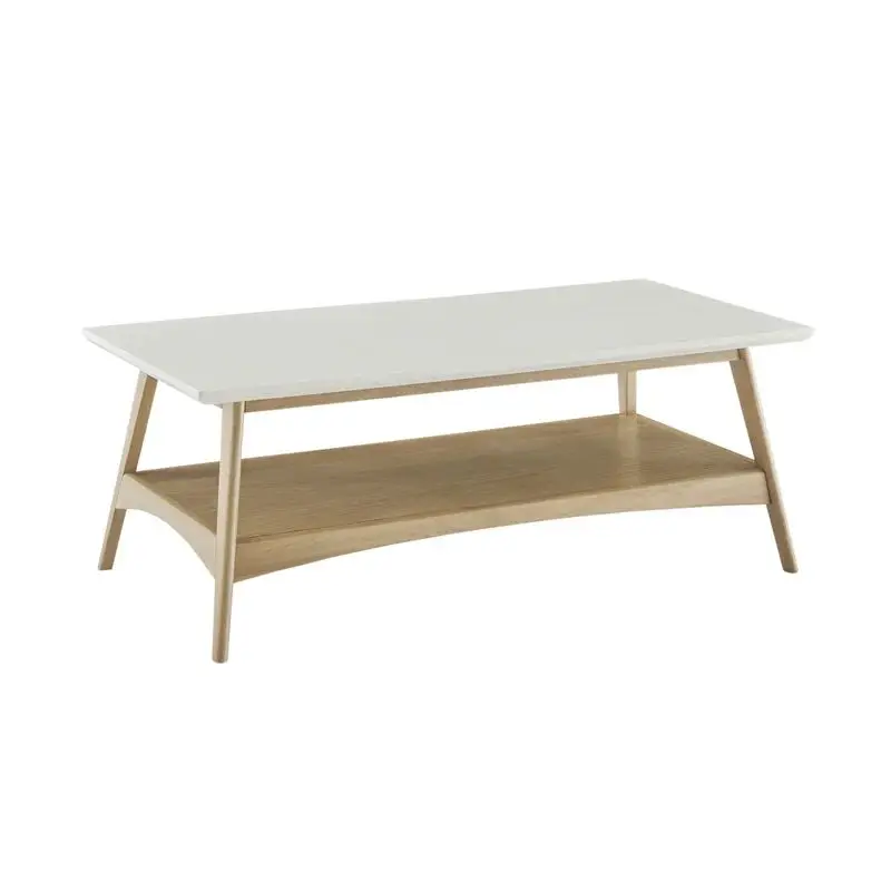 Teak Solid Wood Modern Coffee Table Rectangular Top Table With Flared Legs And Open Lower Shelf